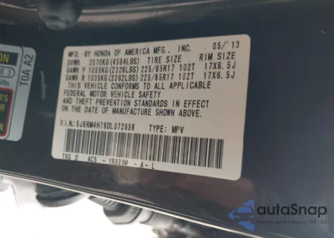 2013 Honda Cr-V Ex-L from USA, damaged, VIN 5J6RM4H79DL072656